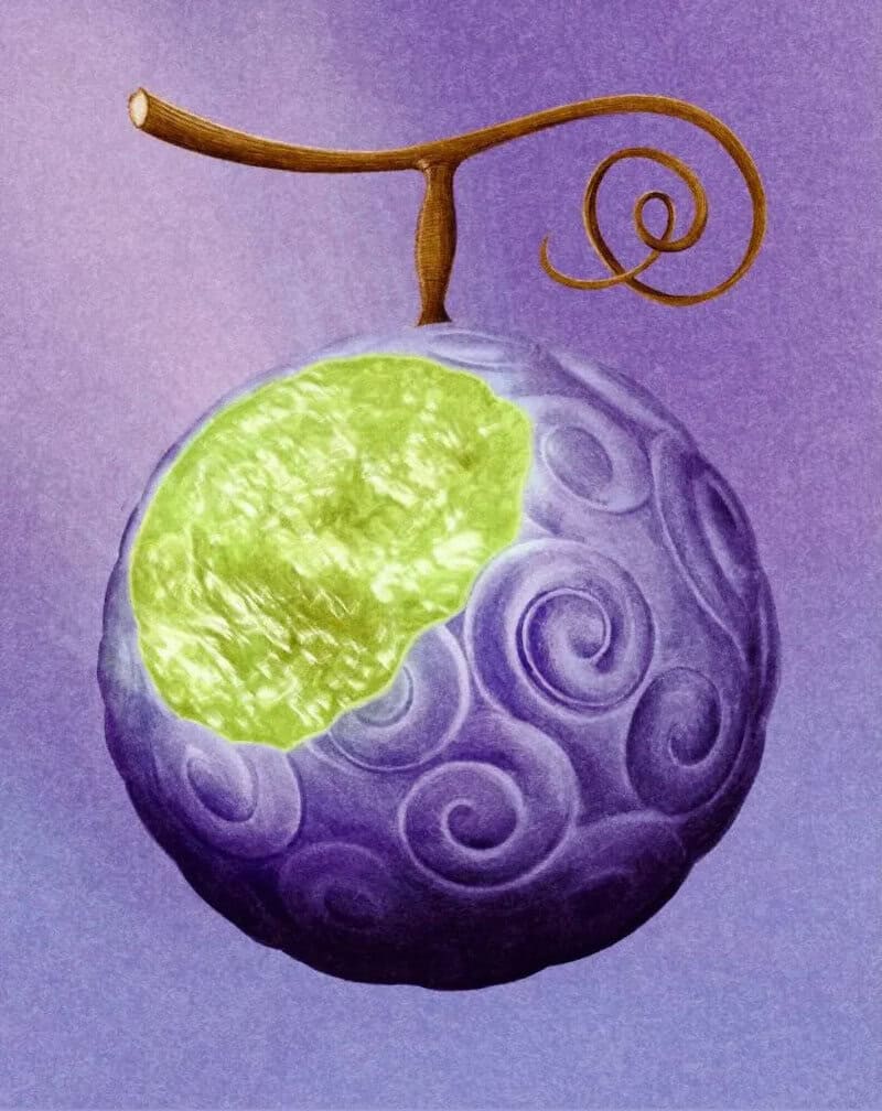 Painting of a purple and green fruit with a stem and curly tendril.