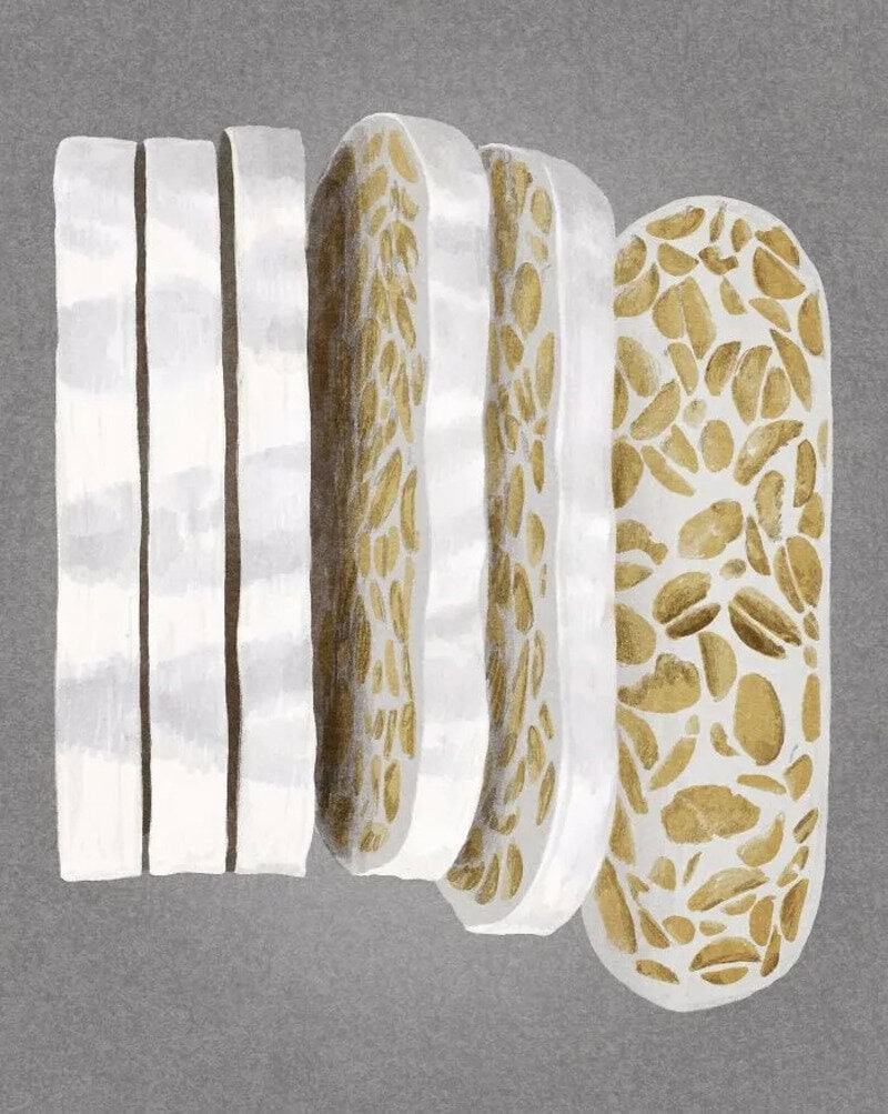 Abstract painting of four elongated shapes with white and gold patterns.