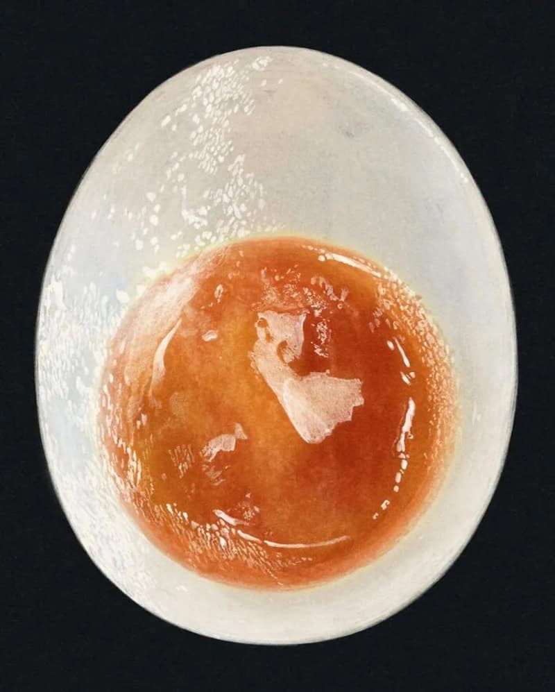 Close-up of a glass with a pinkish-orange liquid, viewed from above.