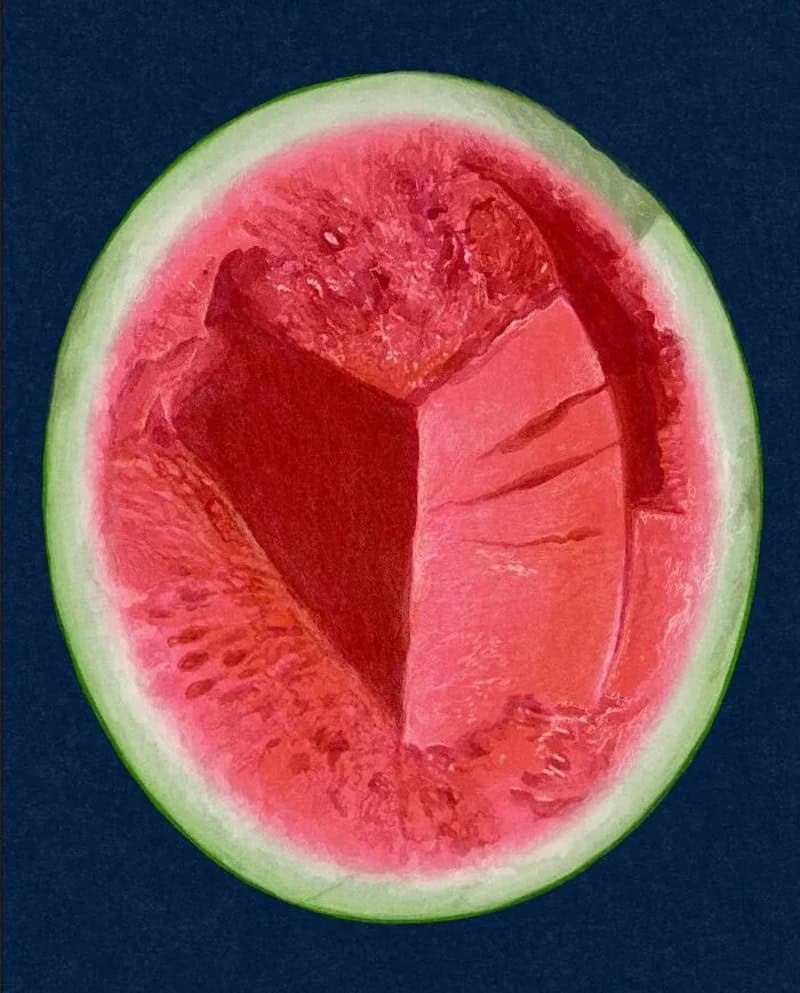 Close-up of a watermelon with a slice removed, showing red flesh and green rind.