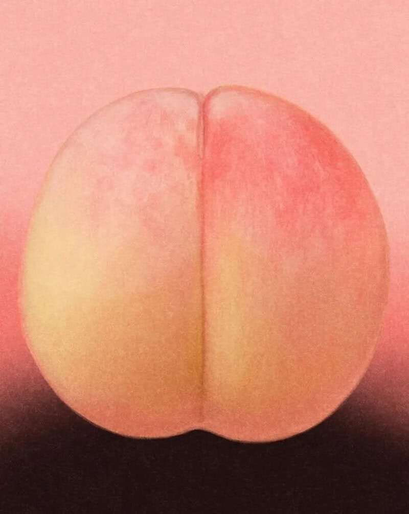 Peach with a pink background, showing a vertical split in the middle.