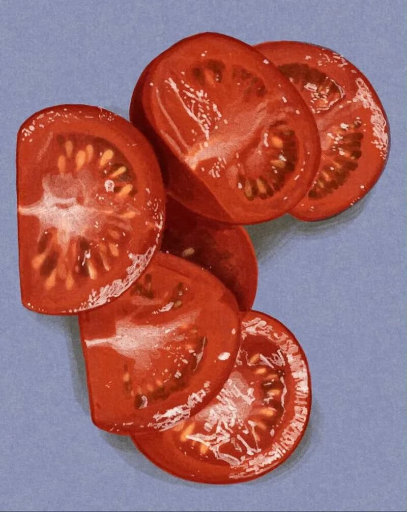 Sliced tomatoes on a blue background from the post realistic-food-paintings-terawat-teankaprasith.