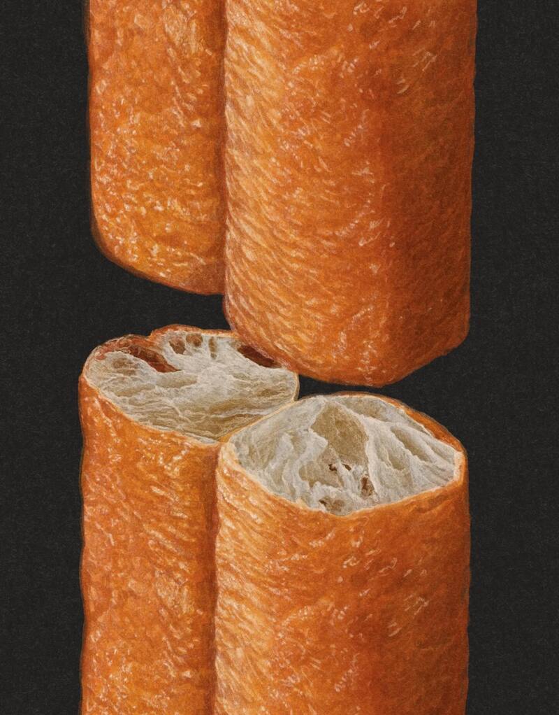 Close-up of orange breadsticks with a black background.
