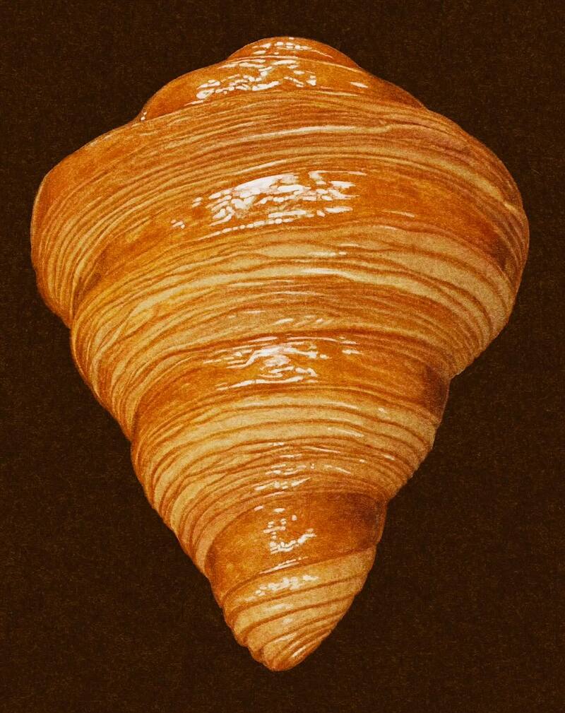 Close-up of a croissant with golden-brown flaky layers.