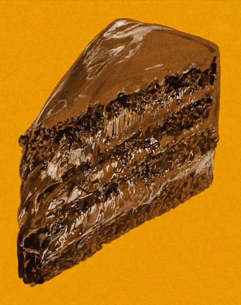 A slice of chocolate cake with multiple layers and chocolate frosting on a yellow background.