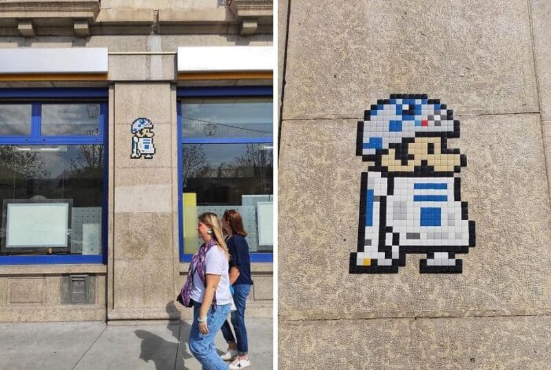 Street art mosaic of a pixelated character from the game Super Mario Bros.