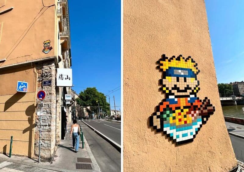 Colorful pixel art of a character with sunglasses on a beige wall, street scene in the background.