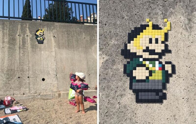 Pixel art of a character from Super Mario on a concrete wall and ground.