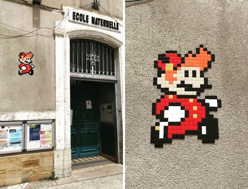 Pixel art of Mario and a smaller Mario on a school wall.