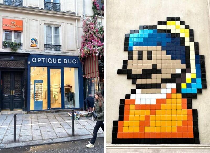 Street art mosaic of Mario from Super Mario on a wall in Paris.