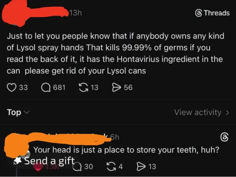 User claims Lysol spray kills 99.99% of germs, others mock with sarcastic reply.