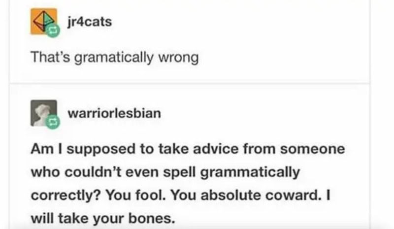 Screenshot of a social media comment exchange about grammar mistakes.
