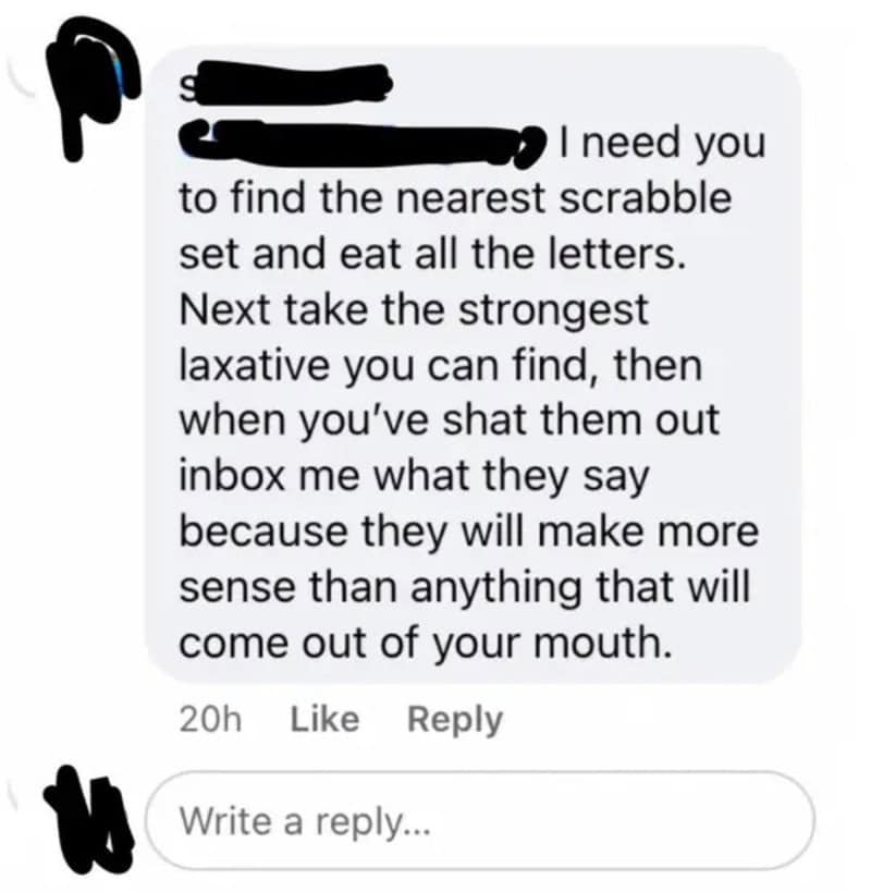 Text message about finding the nearest scrabble set and eating all the letters.