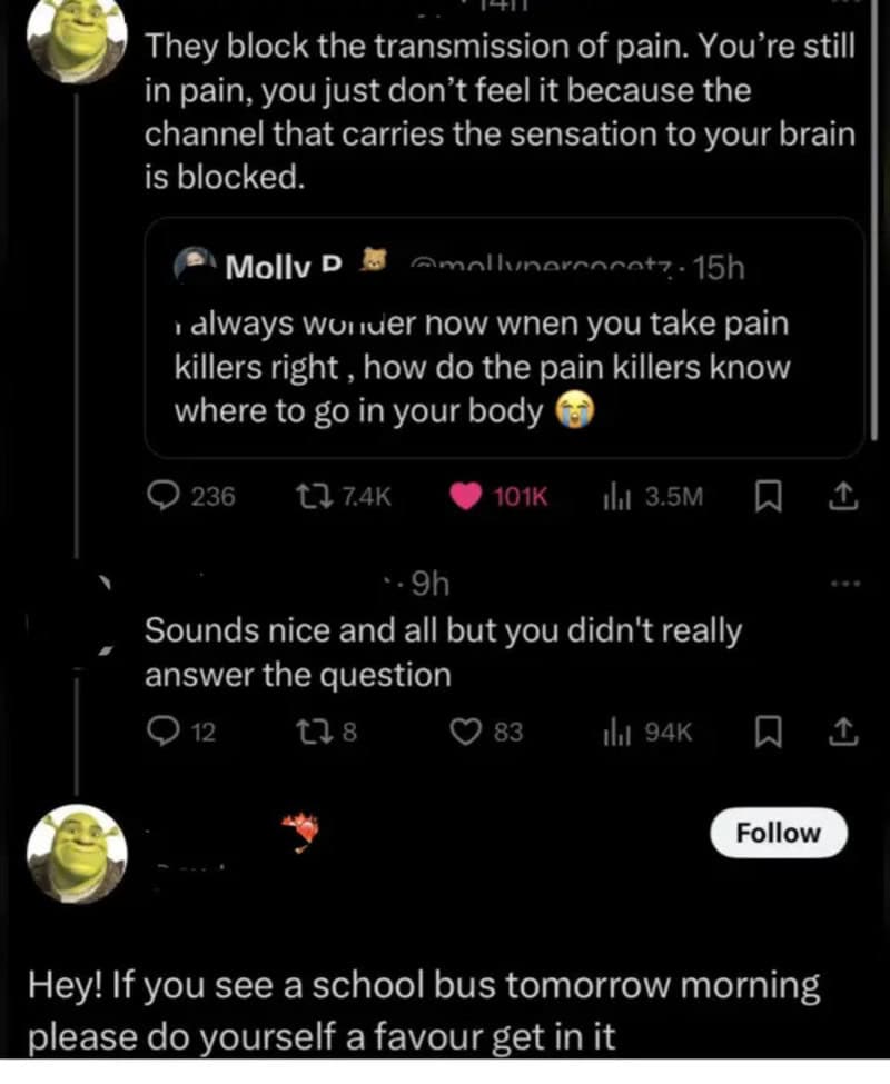 Twitter conversation about pain and school bus advice.