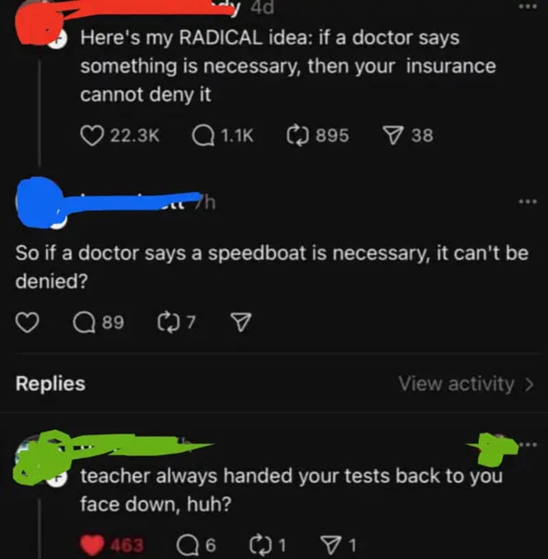 Social media comments about medical advice and tests, with humorous tone.