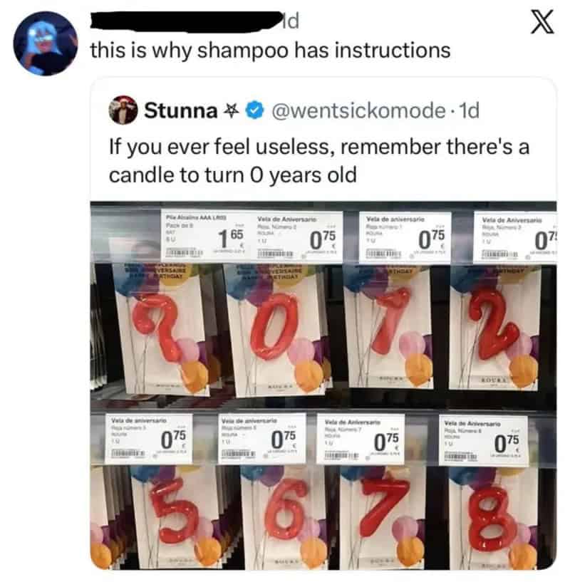 Post showing candles shaped as numbers 0-8 with a humorous caption about shampoo instructions.