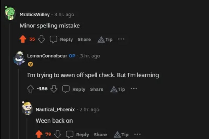 Screenshot of a humorous online comment thread about spelling mistakes.