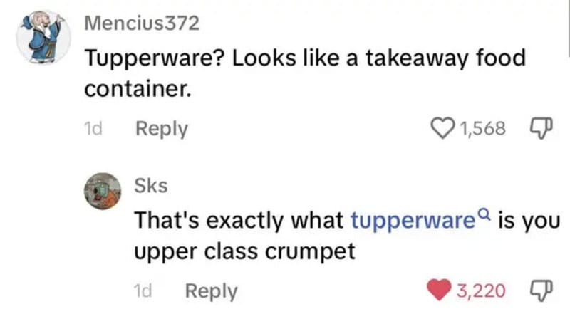 Comment exchange about Tupperware being a takeaway food container.