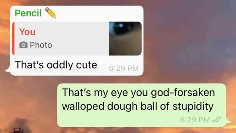 Text conversation about a walloped dough ball of stupidity and an eye.