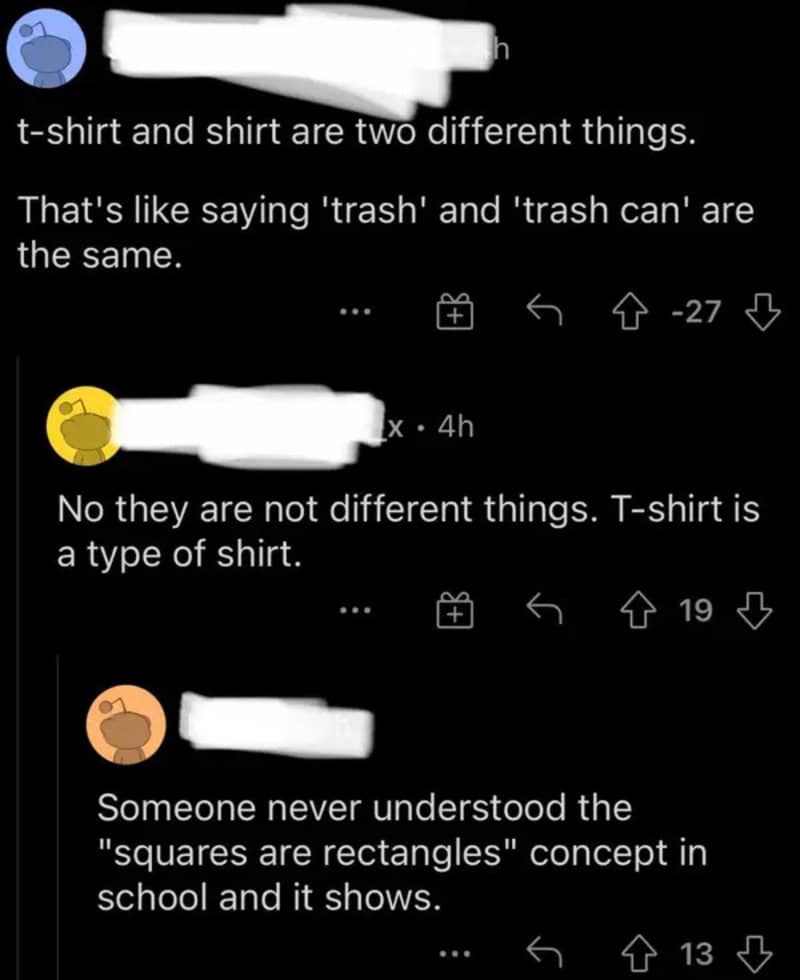 Online discussion about the difference between T-shirts and shirts, and the concept of squares and 2.