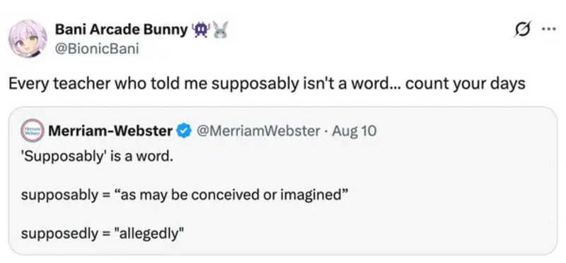 Screenshot of a Twitter conversation about the word 'supposedly' and its meanings.