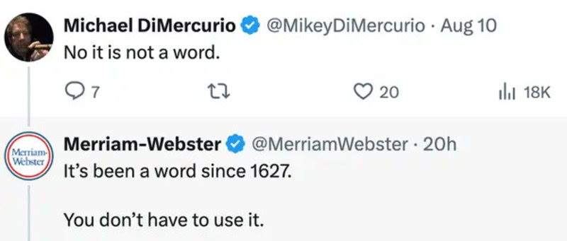 Twitter posts from Michael DiMercurio and Merriam-Webster about the word 'word'.