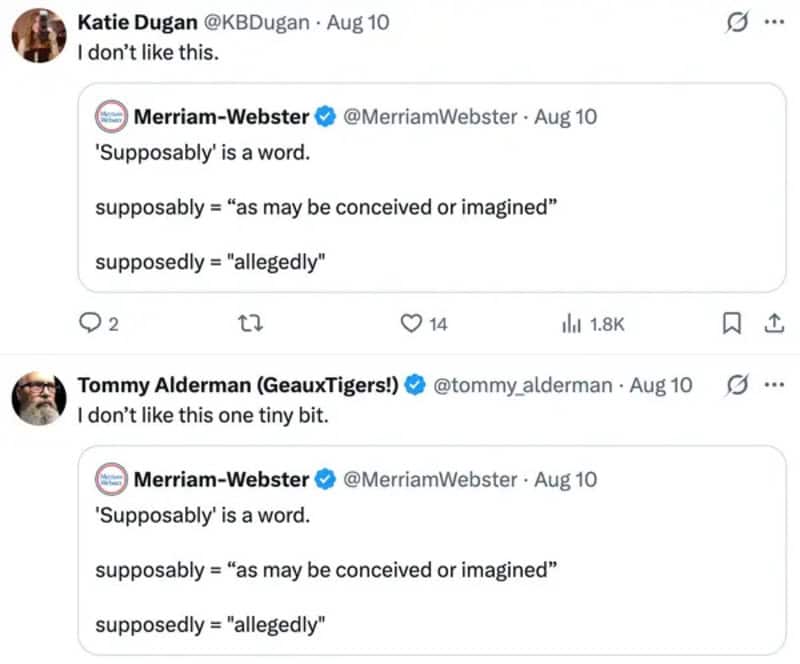 Screenshots of tweets discussing the word 'Supposably' and its definitions.