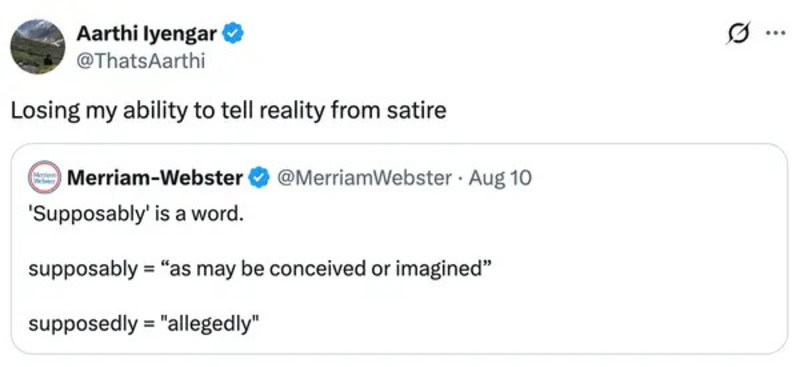 A tweet by Aarthi Iyengar about losing the ability to tell reality from satire.