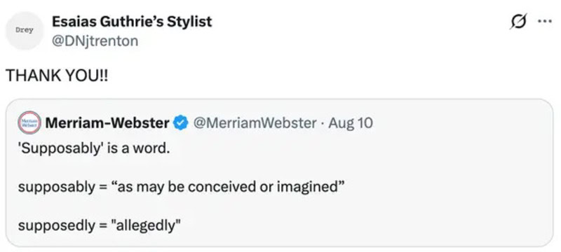 Screenshot of a Twitter post by Esaias Guthrie thanking Merriam-Webster for the definition of 'suppo.