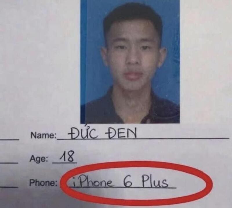 ID card with a photo, name DUC DEN, age 18, phone iPhone 6 Plus, under post 'technically-correct-mem.