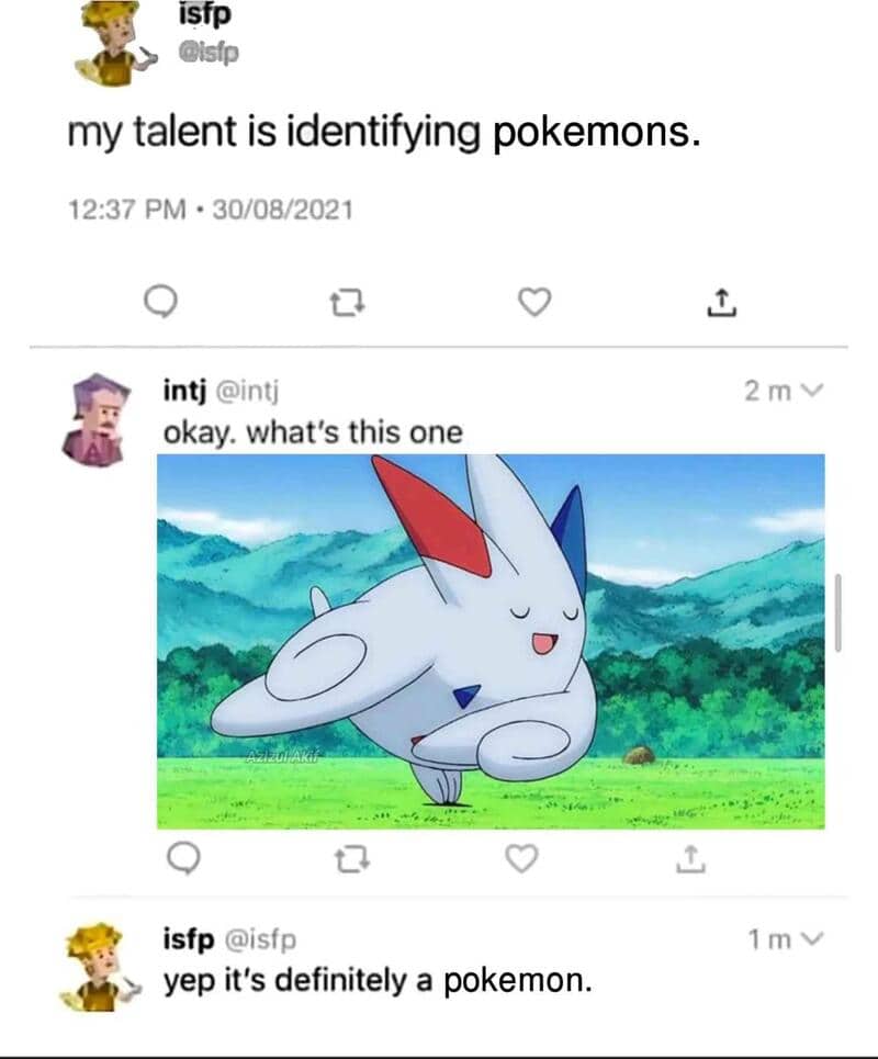 A humorous meme about identifying Pokémon, featuring a cartoon Pokémon and a conversation.