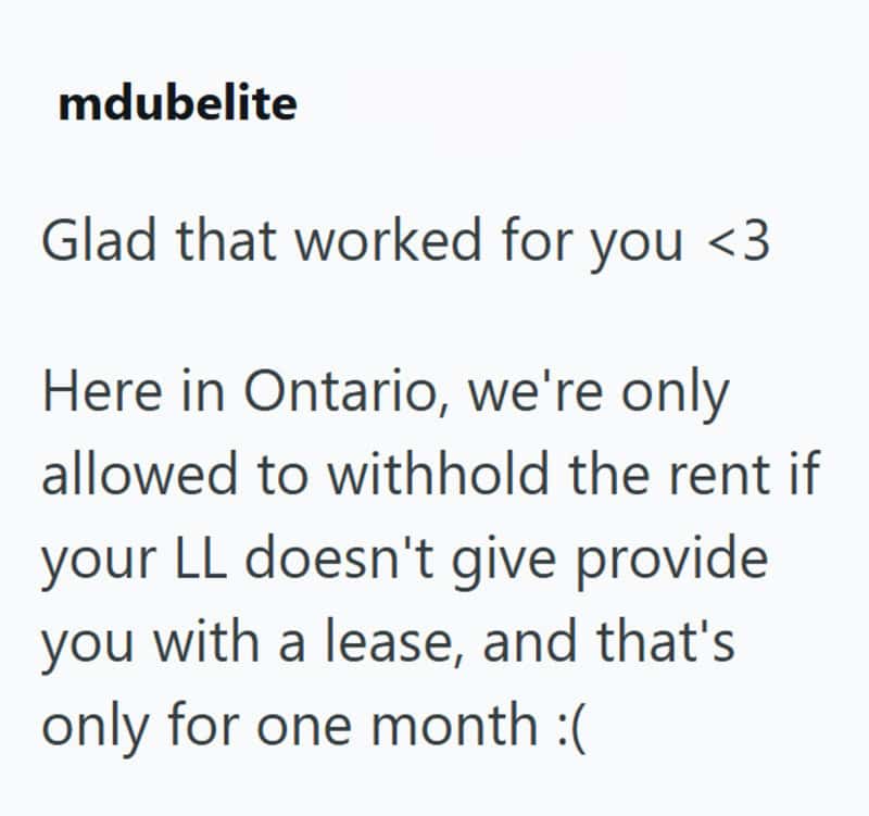 Message from mdubelite about rent and lease conditions in Ontario.