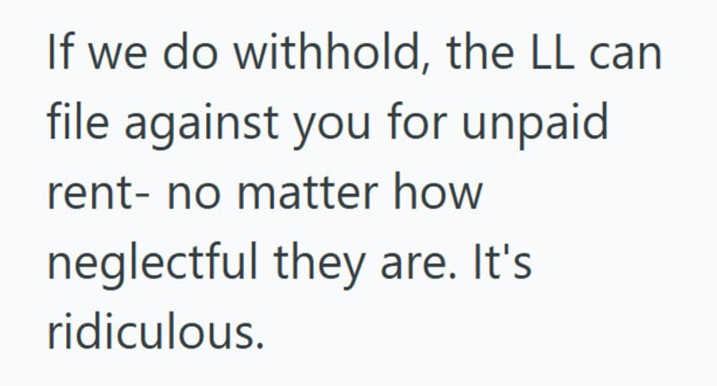 Text about LL filing against unpaid rent, calling it ridiculous.