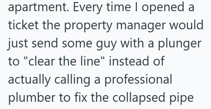 A text excerpt about property management and plumbing issues.