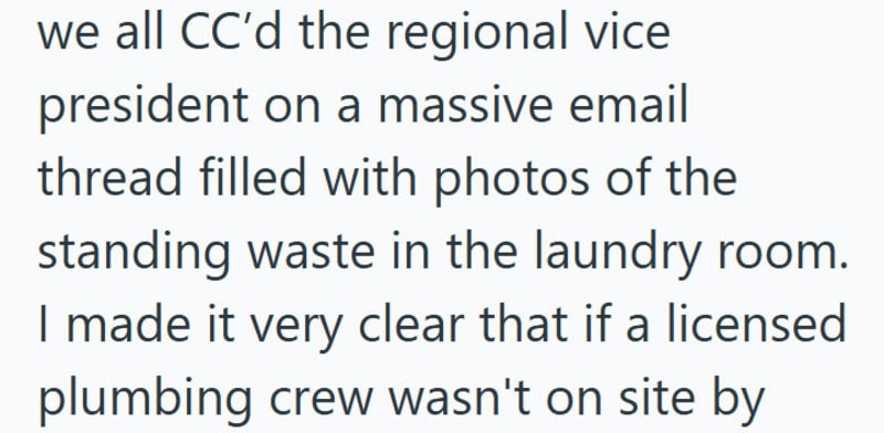 Photos of standing waste in a laundry room on a massive email thread.