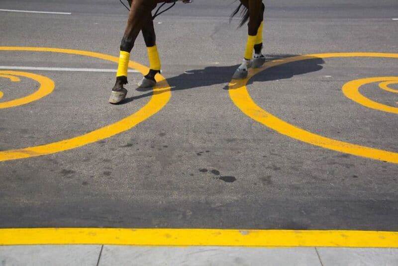 Person walking on street with yellow painted circles and lines.