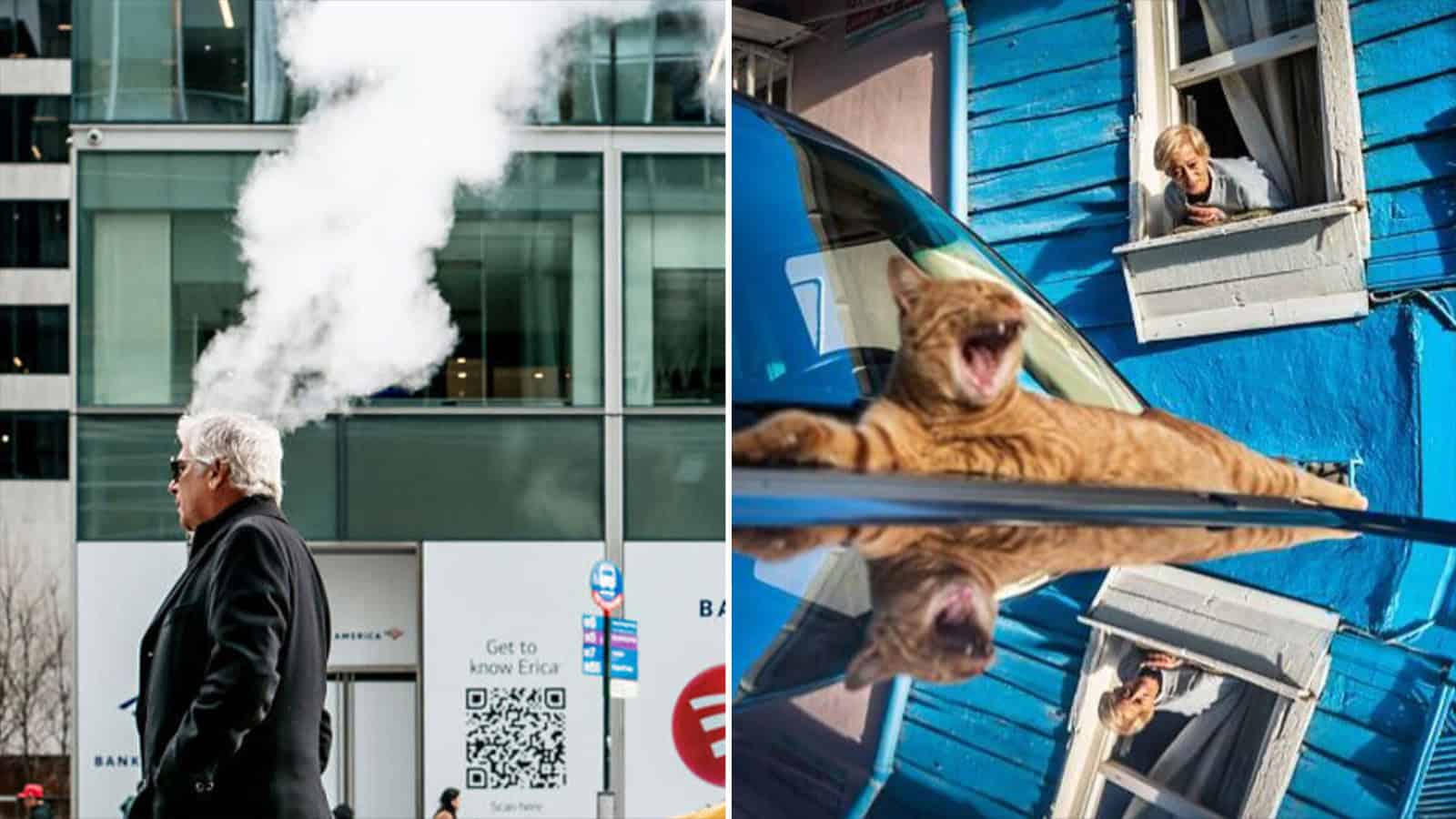A woman with gray hair walking past a modern building with steam rising from a vent.