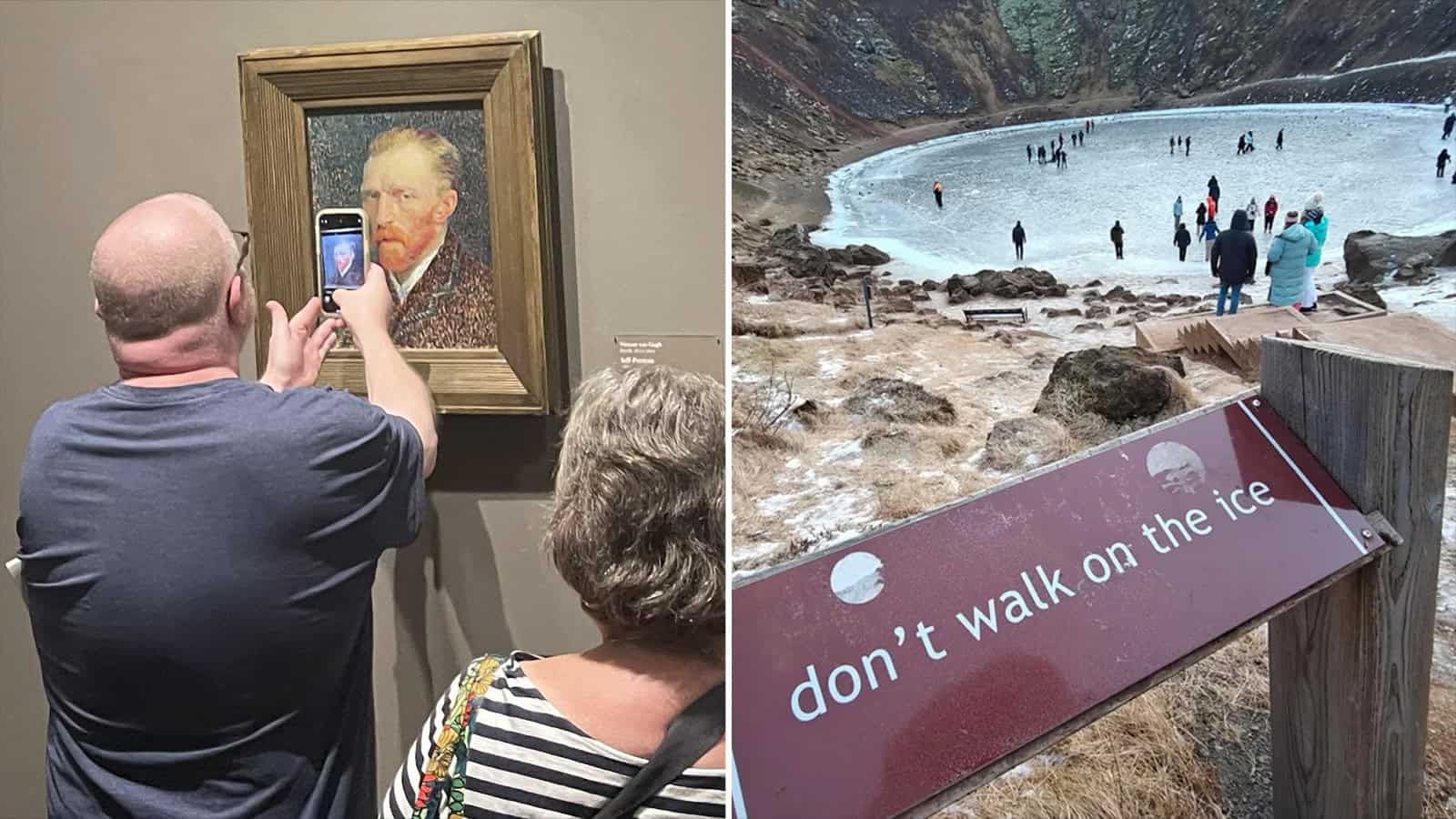 Tourists taking photos of a painting and walking on a frozen lake with a sign.