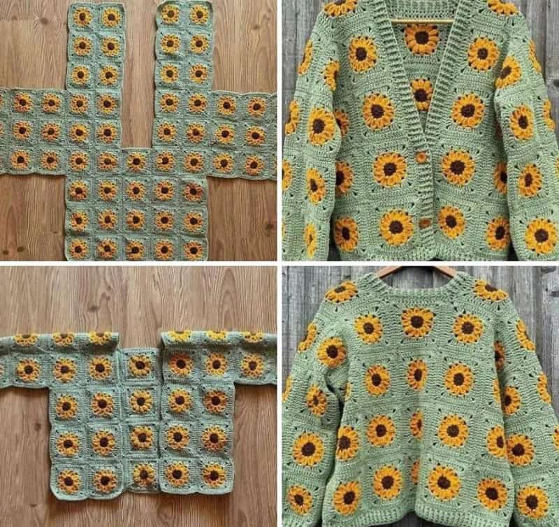 Crocheted sunflower pattern sweater and blanket set with green background.