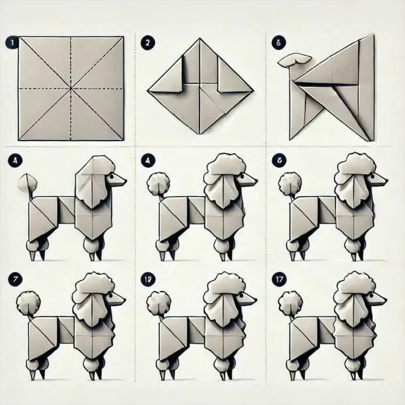 Step-by-step instructions for folding a paper sheep origami.