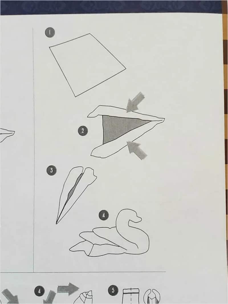 Step-by-step instructions for folding paper into a swan.