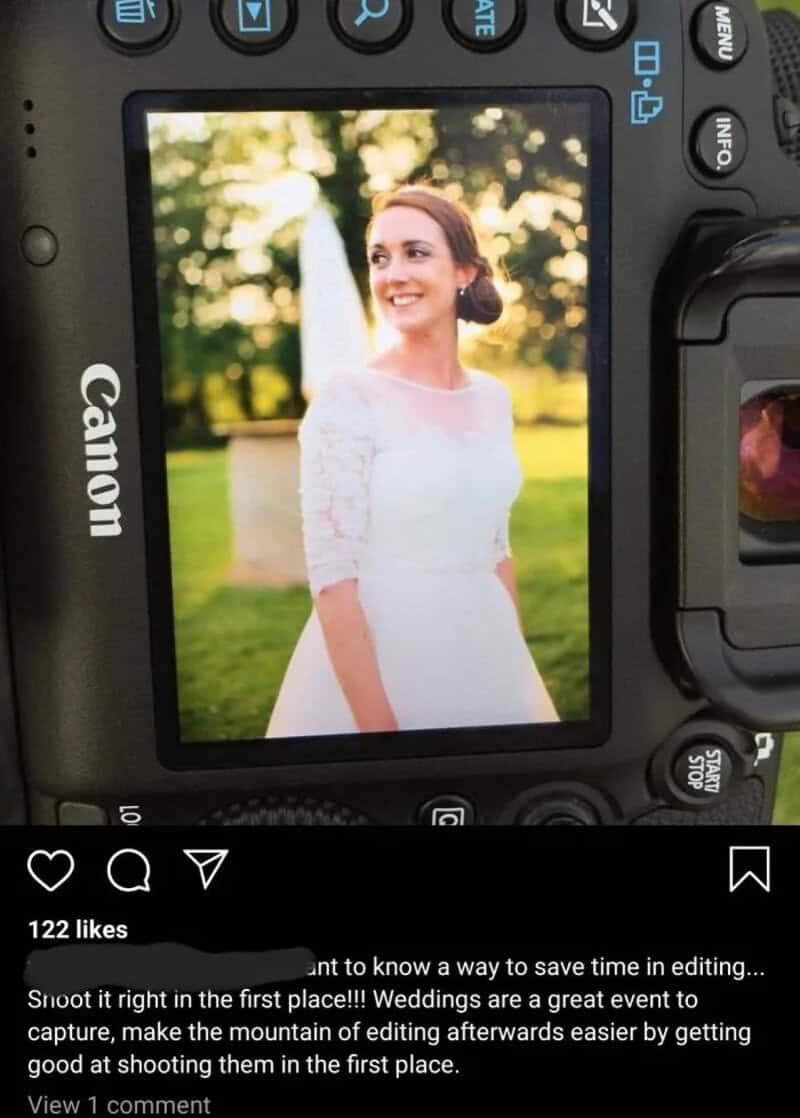 Photograph of a smiling woman in a white dress taken with a Canon camera.