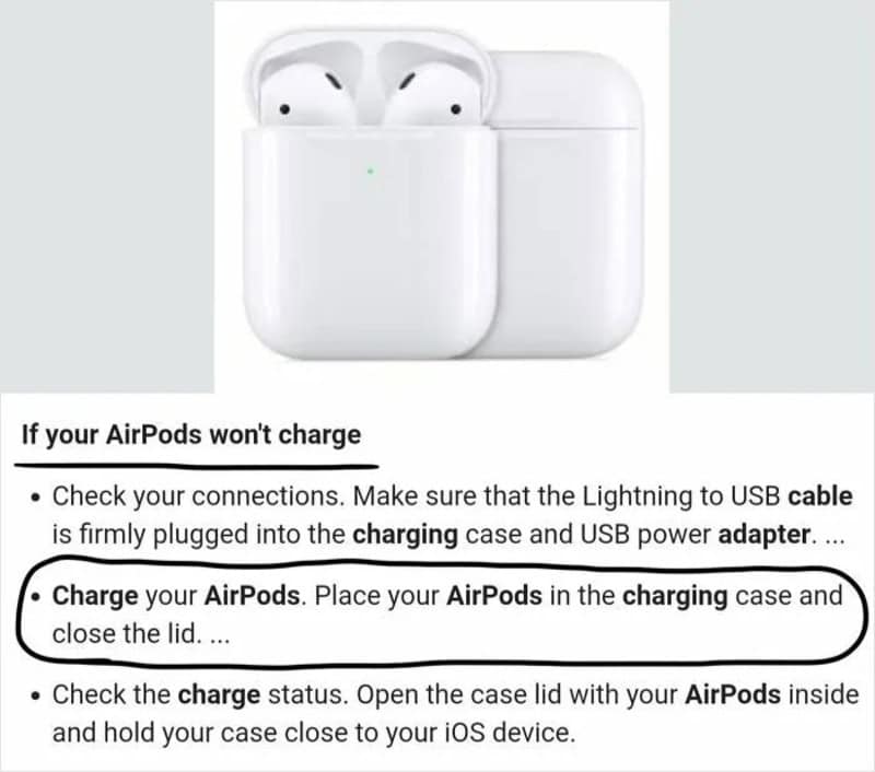 Instructions for charging AirPods with a charging case and USB cable.