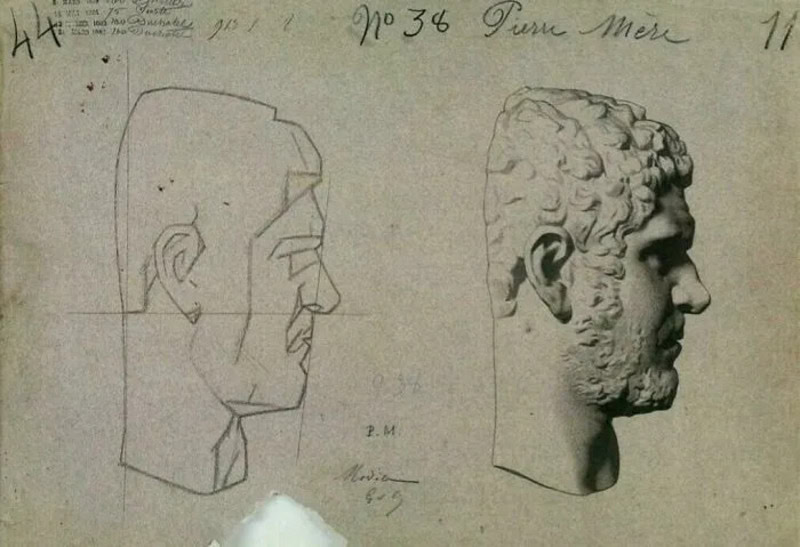Comparison of a sketch and a sculpture of a man's profile.