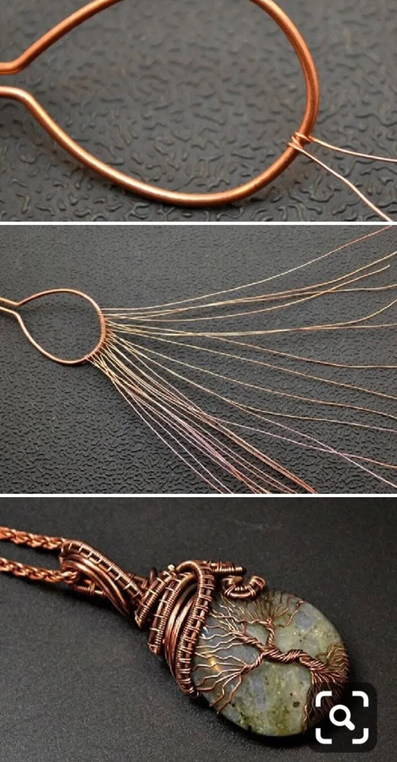 Close-up of a copper ring with multiple thin threads attached, and a pendant with a tree design.