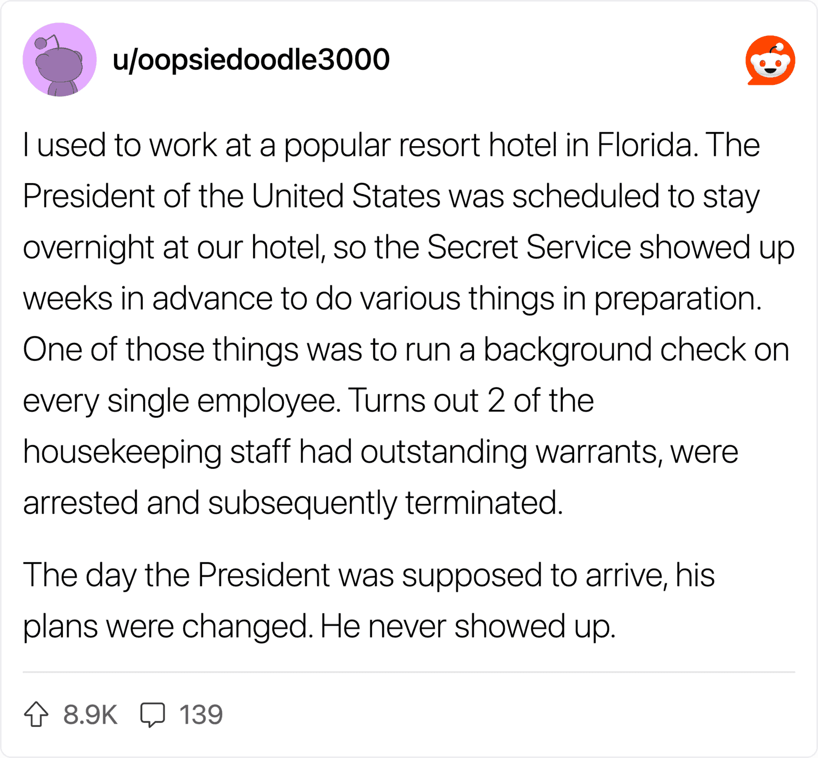 Employee recounts secret service arrest at Florida resort hotel.