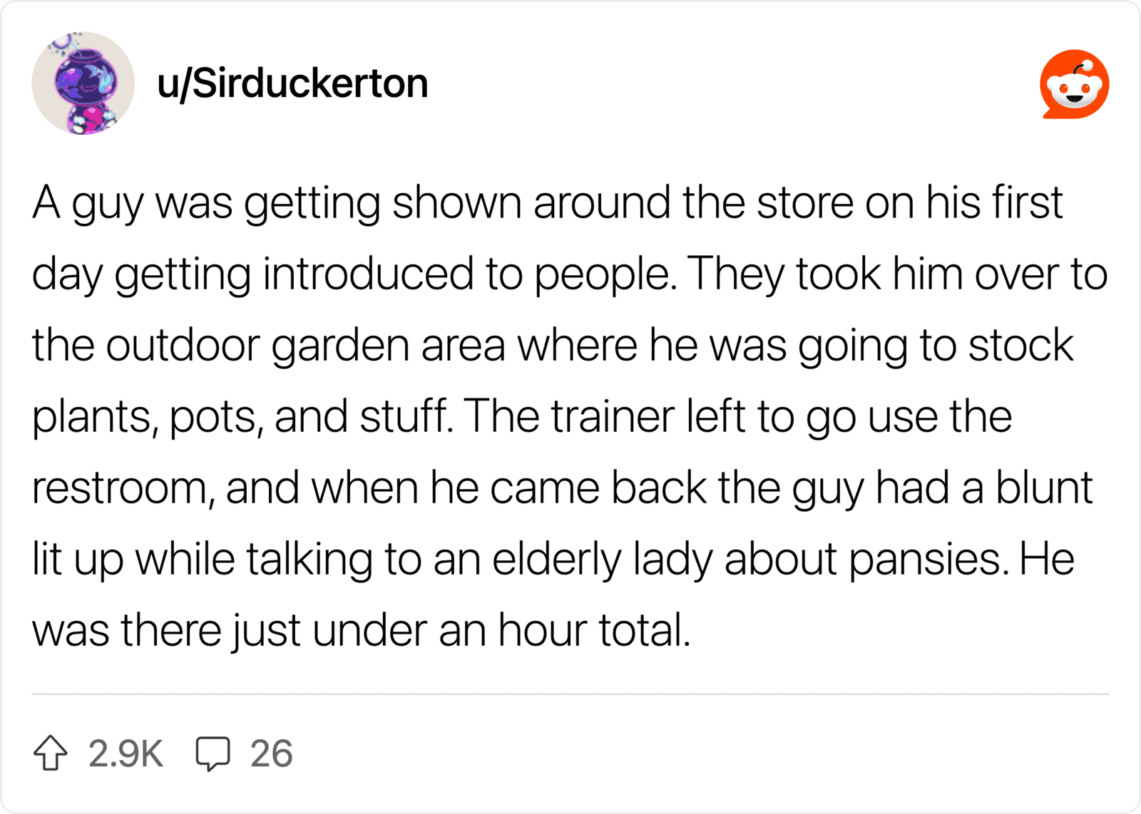 Employee being shown around store on first day, in outdoor garden area.