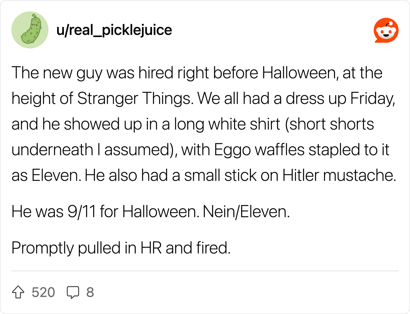 A Reddit post about a Halloween hiring and firing story with a costume.
