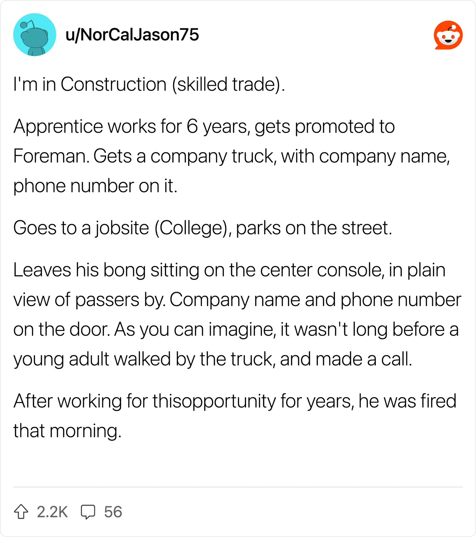 A Reddit post about a construction apprentice fired after leaving his bong on a truck.