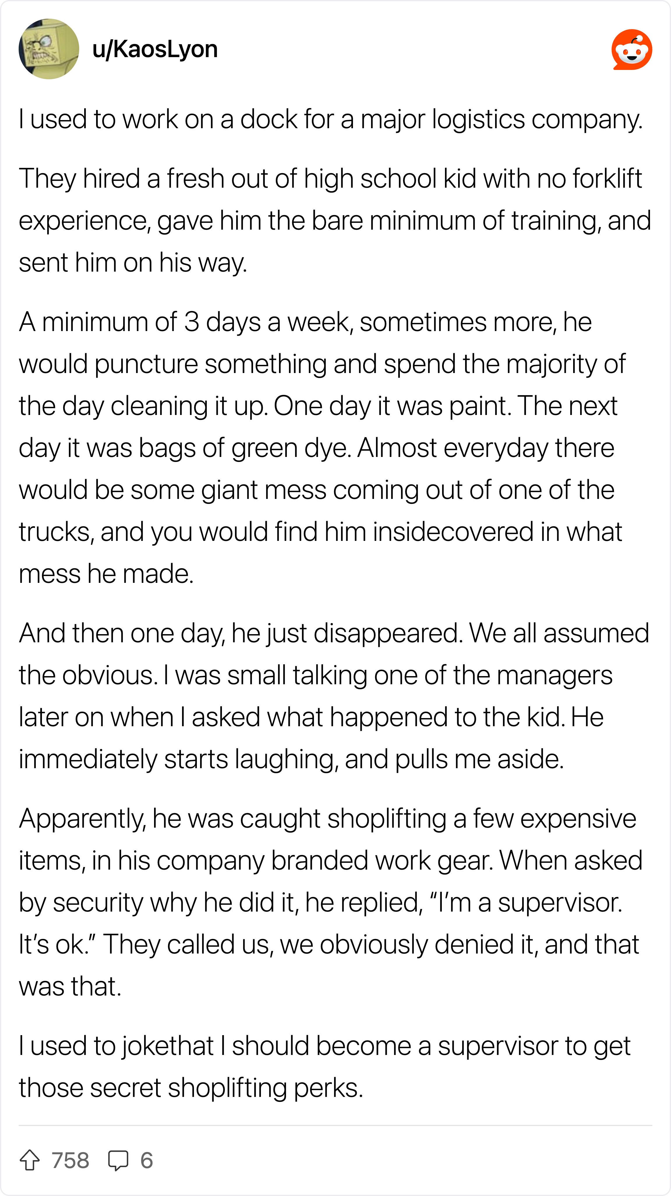 A humorous story about a logistics company's forklift operator and a kid.